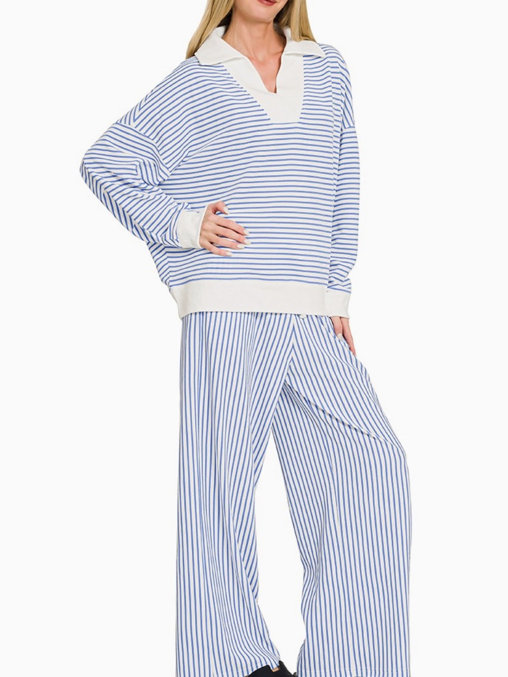 Zenana Cornflower Blue and White Striped Set
